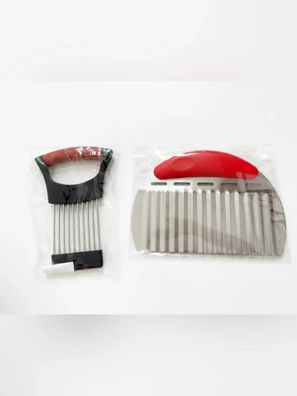 Red Handle Stainless Steel Crinkle potato Cutter & Onion Holder Set NWT